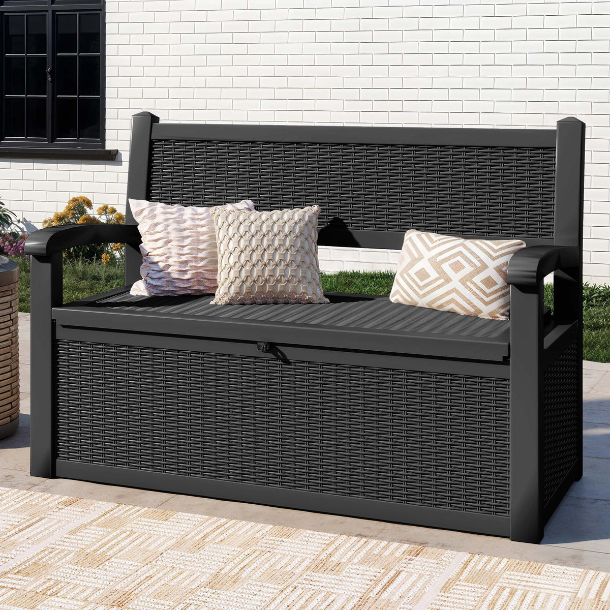 2026 NewModFusion 70-Gallon Outdoor Resin Storage Cabinet with Rattan Backrest �C Waterproof Patio Bench Seat, 500 lbs Capacity, Black