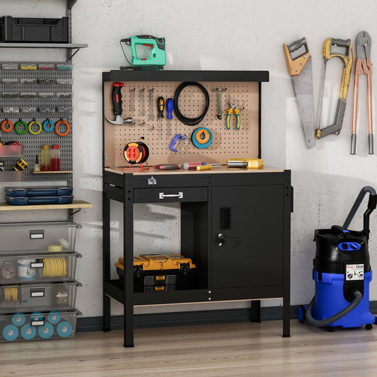 HOMCOM Garage Workbench with Storage Drawer, Peg Board, Lockable Cabinet