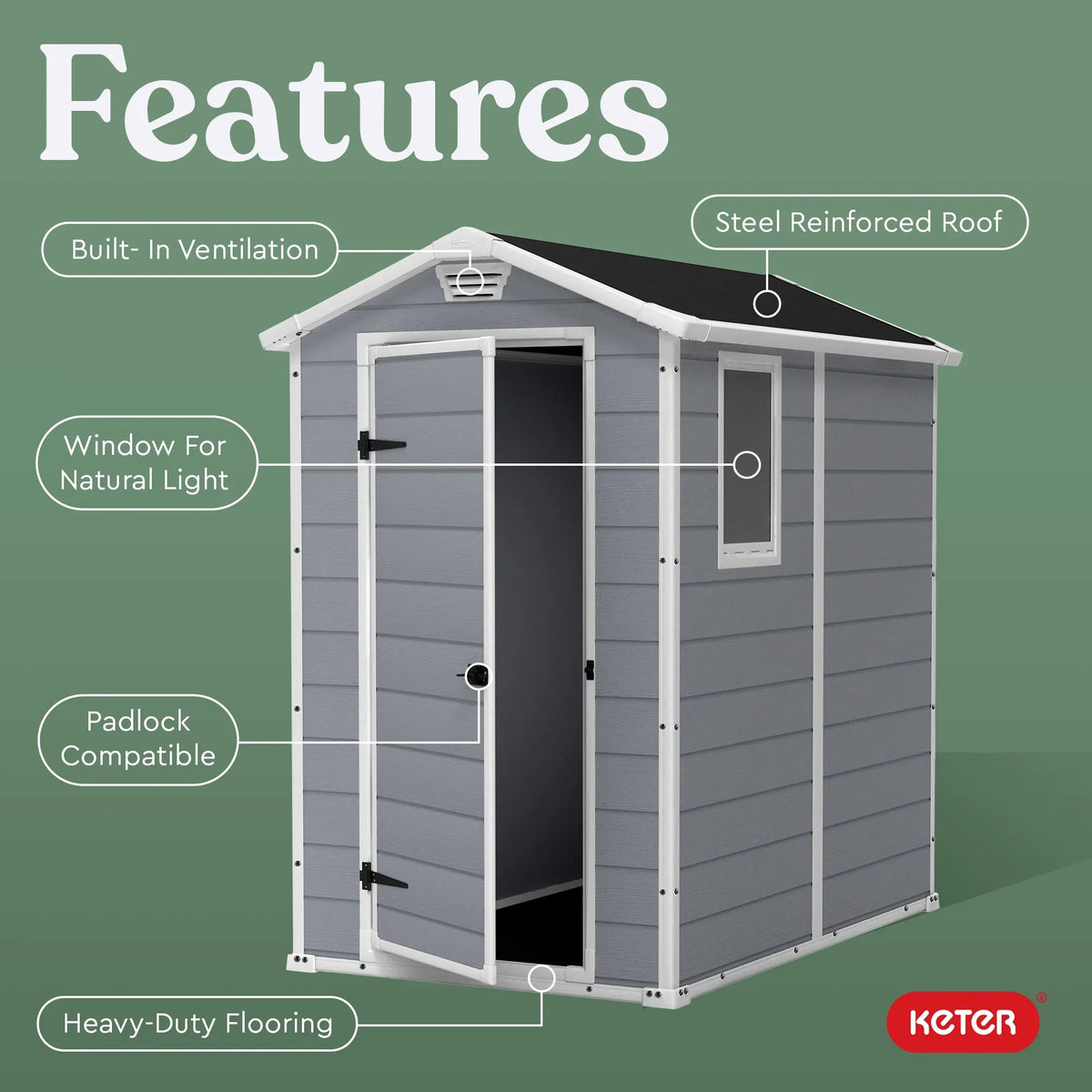 2026 NewKeter 213413 Manor DD 6 X 8 Foot All Weather Outdoor Storage Shed, Grey