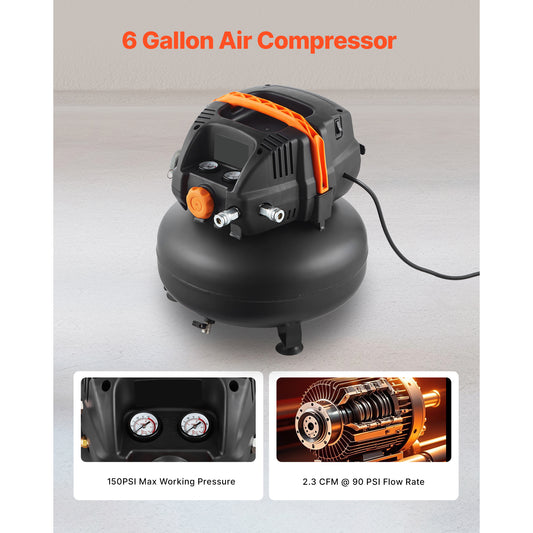KFFKFF 6 Gallon Air Compressor, 1.7HP 2.3CFM @ 90PSI Portable Pancake Air Compressor & 150PSI Max Working Pressure, Oil-Free Compressor Tank for Tire Inflation, Spray Painting, Woodwork Nailing, 120V