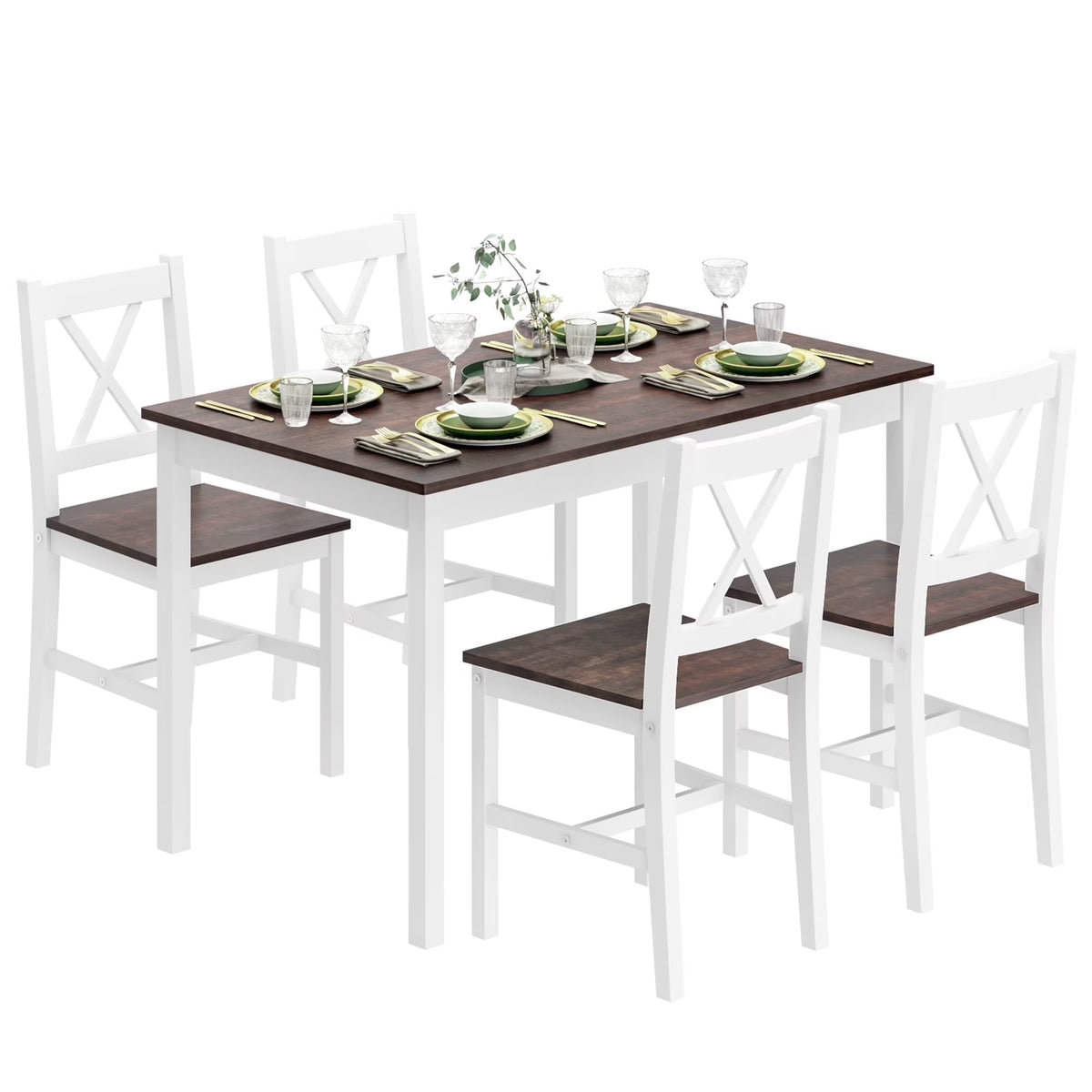 2026 NewSoges 5 Pieces Dining Table Set, Pine Wood Kitchen Dining Table with 4 Chairs, Wood Rectangular kitchen table and chairs for 4, Small Dining Set for Bar Dining Room Breakfast Nook, White and Gray