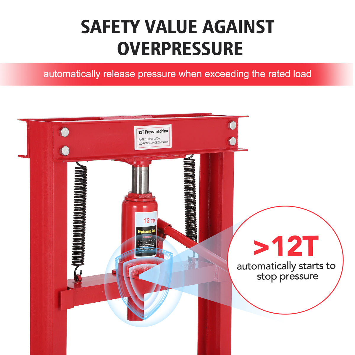 12 Ton Hydraulic PressBenchtop Hydraulic Shop PressH-Frame Garage Floor Press with Press PlatesAdjustable Working Table HeightRed