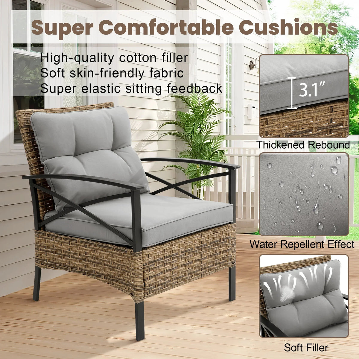 2026 NewHeavy-duty Patio Furniture Set, 4 Piece Outdoor Sectional Conversation Sets, BrownPE Rattan Patio Sofa Set with Blue Cushions