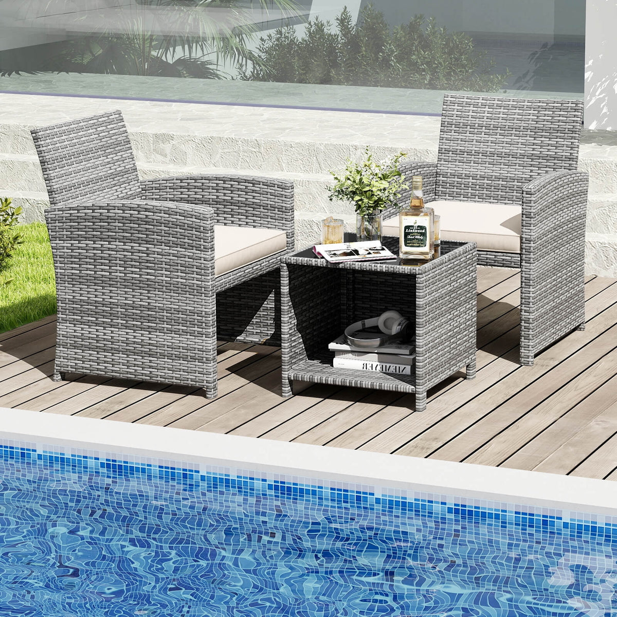 Costway 3 PCS Patio Furniture Set with Tempered Glass Coffee Table & Soft Seat Cushions White