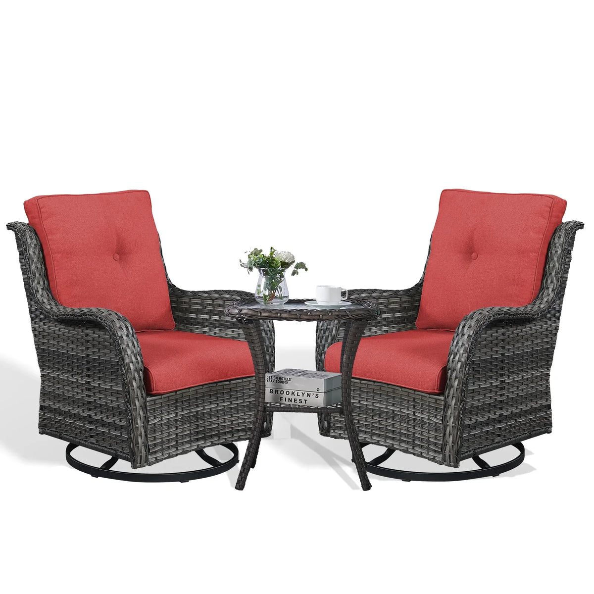 2026 NewPOCASSY 3 Piece Patio Set Outdoor Wicker Glider Rocking and Swivel Chairs with Cushions