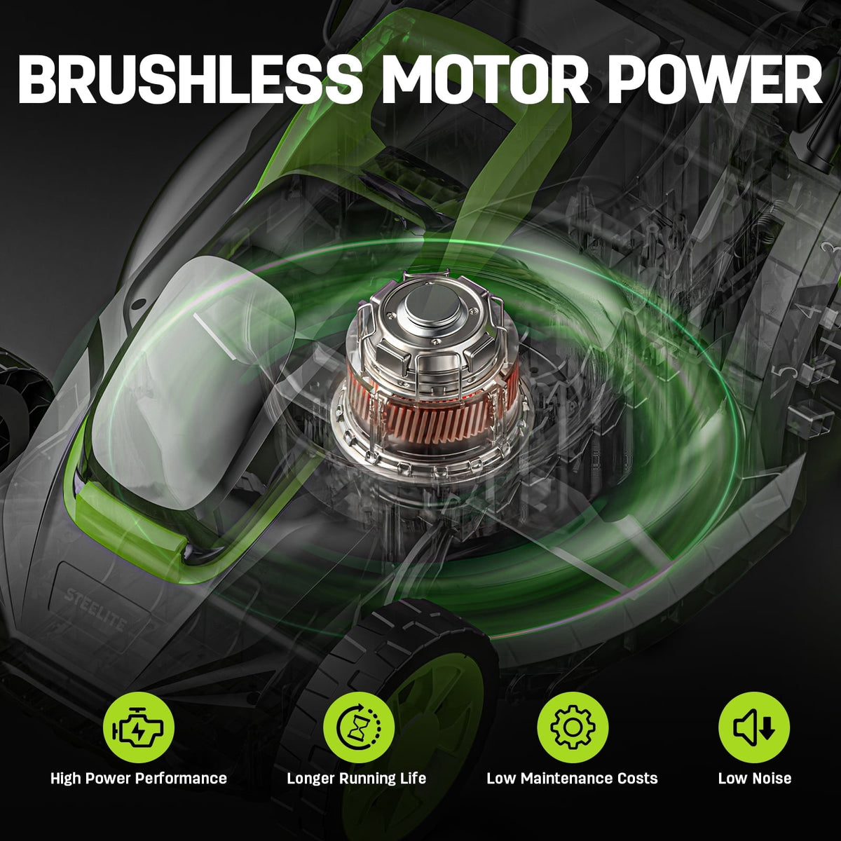 Steelite 13-Inch Cordless Lawn Mower, 21V Electric Lawn Mowers with Brushless Motor for Garden,5 Heights Adjustment, 4.0Ah Battery & Charger Included