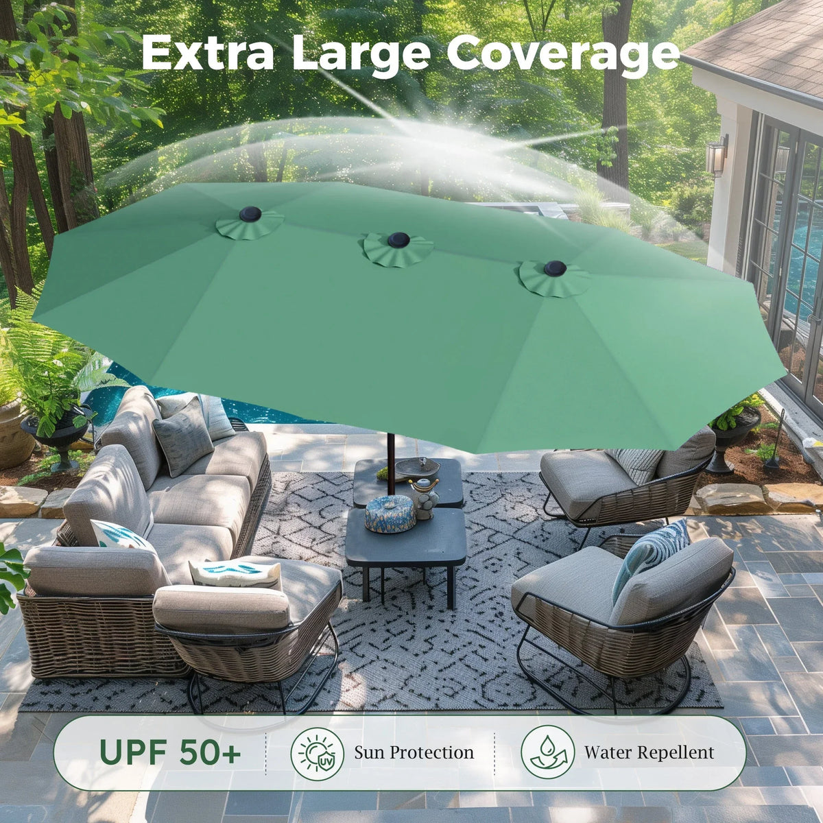 2026 NewAlpha Joy 15ft Outdoor Patio Umbrella Extra-Large Double-Sided Garden Umbrella with Crank Handle and Base - Smoky Gray