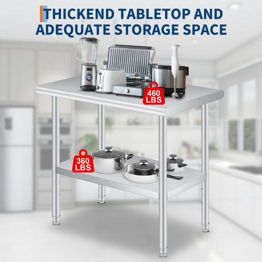 Heavy Duty Stainless Steel Outdoor Kitchen Storage Table –Commercial Prep Work Table with Adjustable Undershelf, Backsplash, Rounded Corners, Rust Resistant, NSF Certified