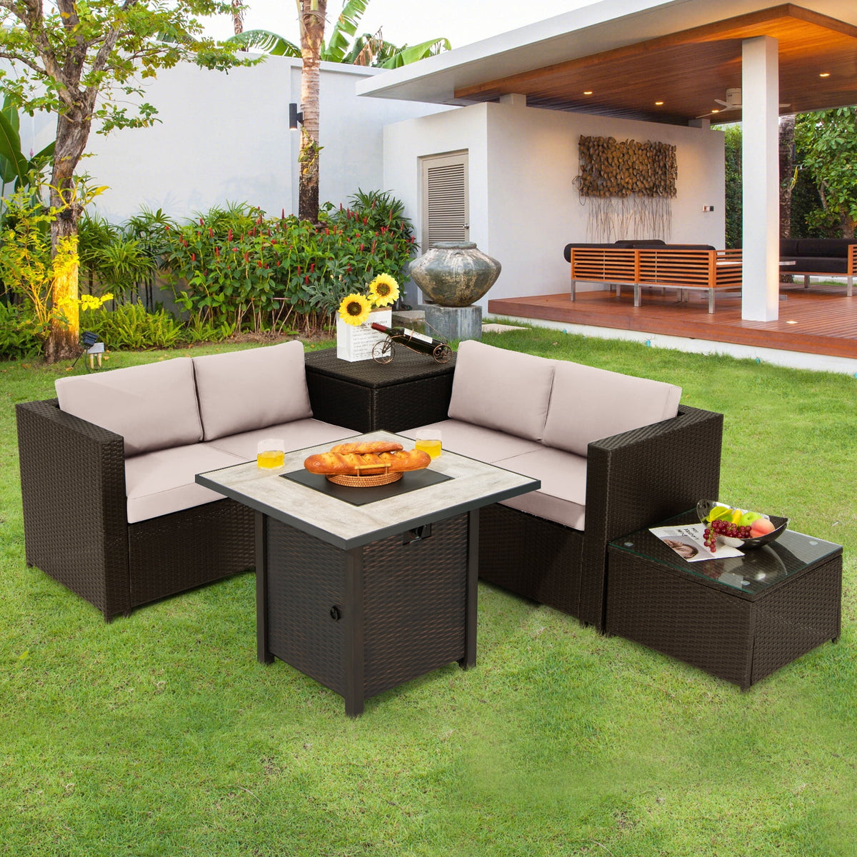Patiojoy 5-Piece Patio Furniture Set with 30 Inches Gas Fire Pit Table Outdoor PE Wicker Conversation Sectional Sofa Set with Cushions Beige