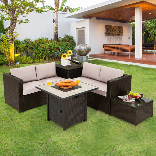 Patiojoy 5-Piece Patio Furniture Set with 30 Inches Gas Fire Pit Table Outdoor PE Wicker Conversation Sectional Sofa Set with Cushions Beige