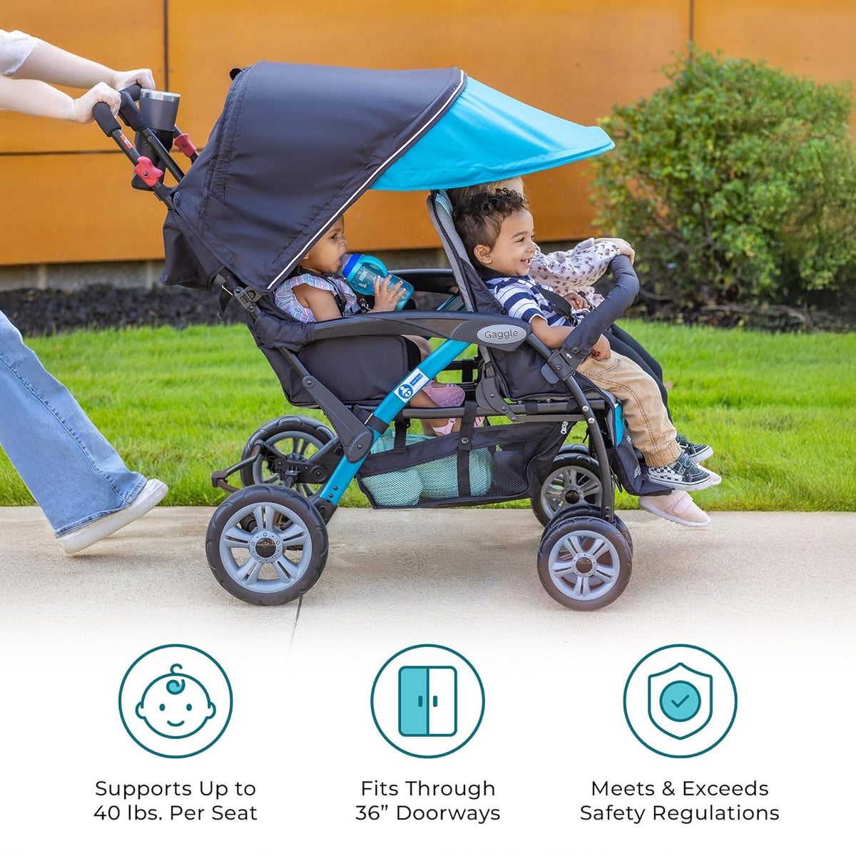 Compass Quad 4 Seat Stroller | 4-Seat Stroller for Daycare | Oversized UV Blocking Canopy | 5-Point Harness | Easy Loading | Storage Bucket | Teal