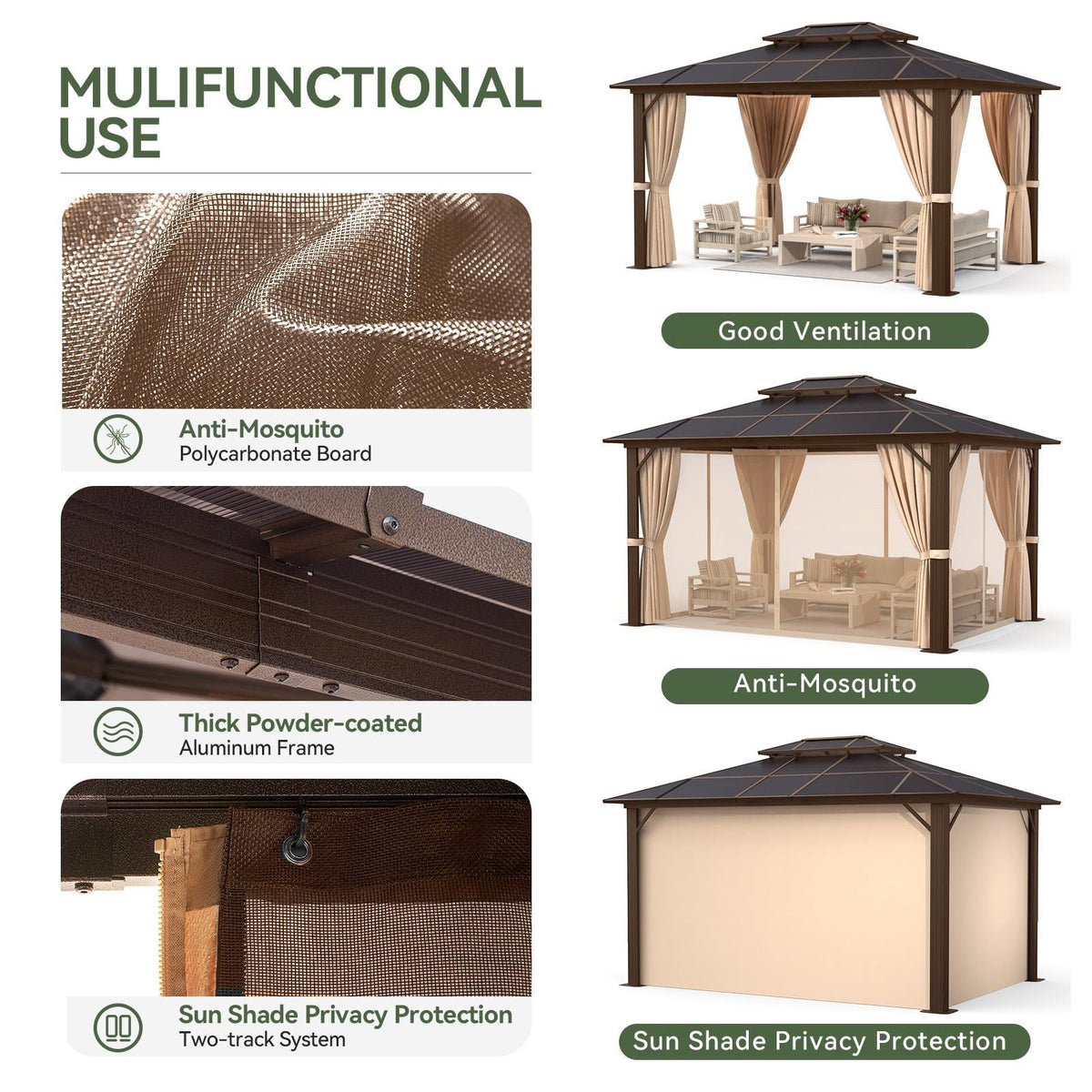 Aoxun 12 ft. x 16 ft. Hardtop Gazebo, Aluminum Frame Permanent Pavilion with Curtains and Netting, Outdoor Polycarbonate Double Roof Canopy, for Garden, Lawns, Patio