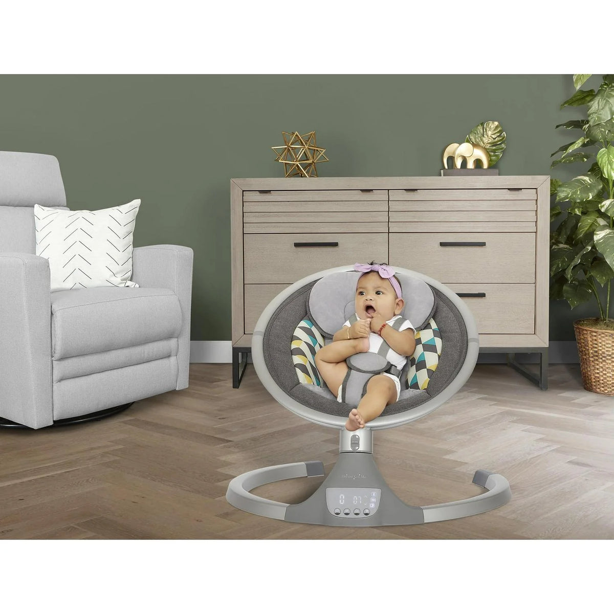 2026 NewDream On Me Zazu Baby Swing. Baby Swing for Infant. 5 - Swinging Speed. Two Attached Toys. Bluetooth Enabled and Remote Control. Grey and Blue