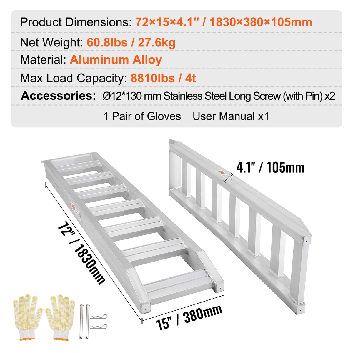 KFFKFF Aluminum Loading Ramps, 8810 lbs Capacity, Durable Ramps with Hook End for Secure Attachment, Versatile Use for Motorcycles, Tractors, ATV/UTV, Trucks, Lawn Mowers, 72"L x 15"W, Set of 2