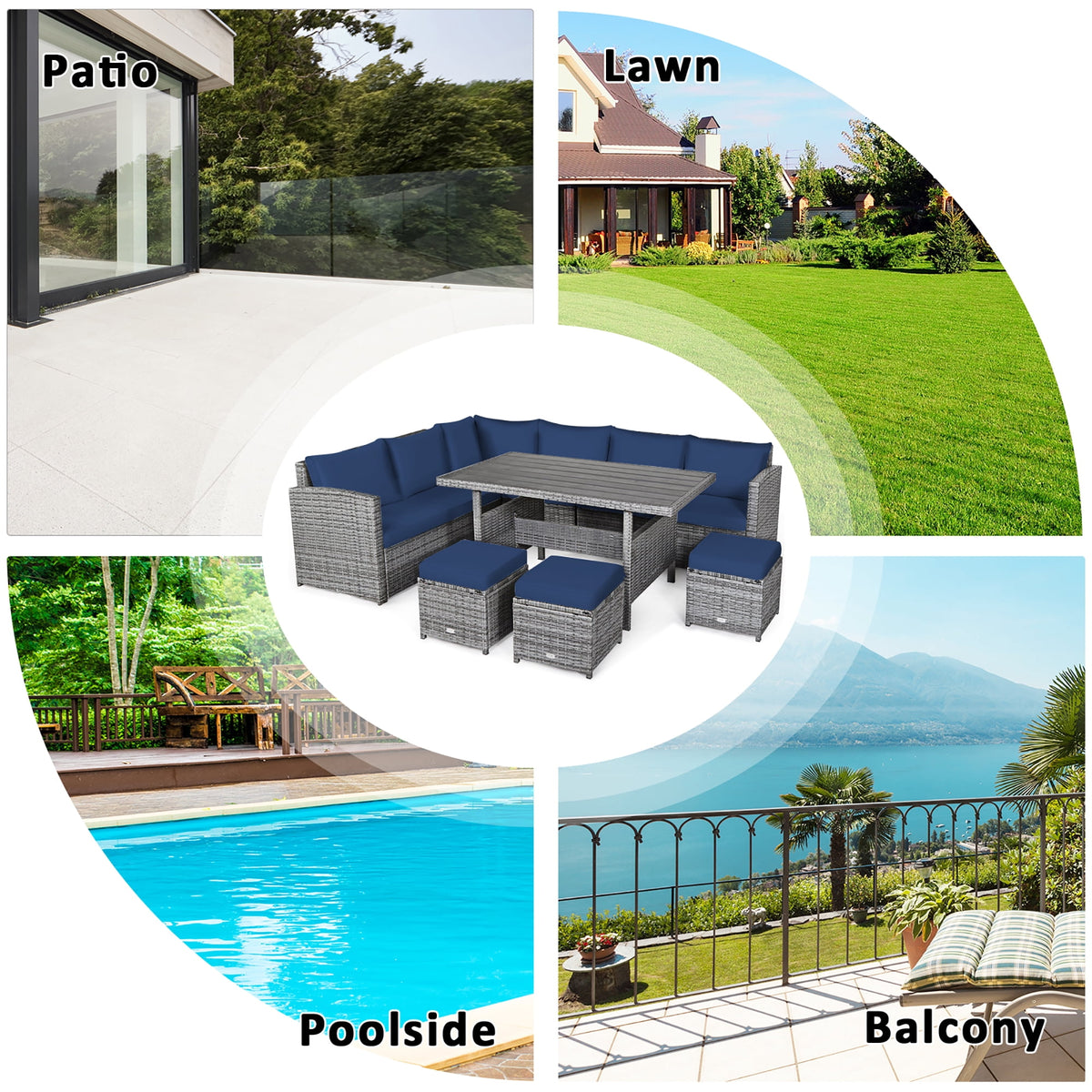 Costway 7 PCS Patio Rattan Dining Set Sectional Sofa Couch Ottoman Navy
