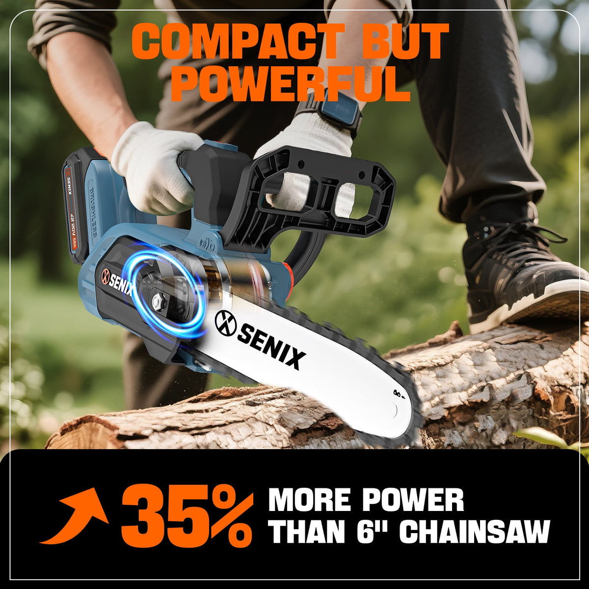 SENIX CSX2-M1 8" 20V Battery Powered Chainsaw, Brushless, Automatic Oiler, Tool-Free Chain Tensioning, Cordless