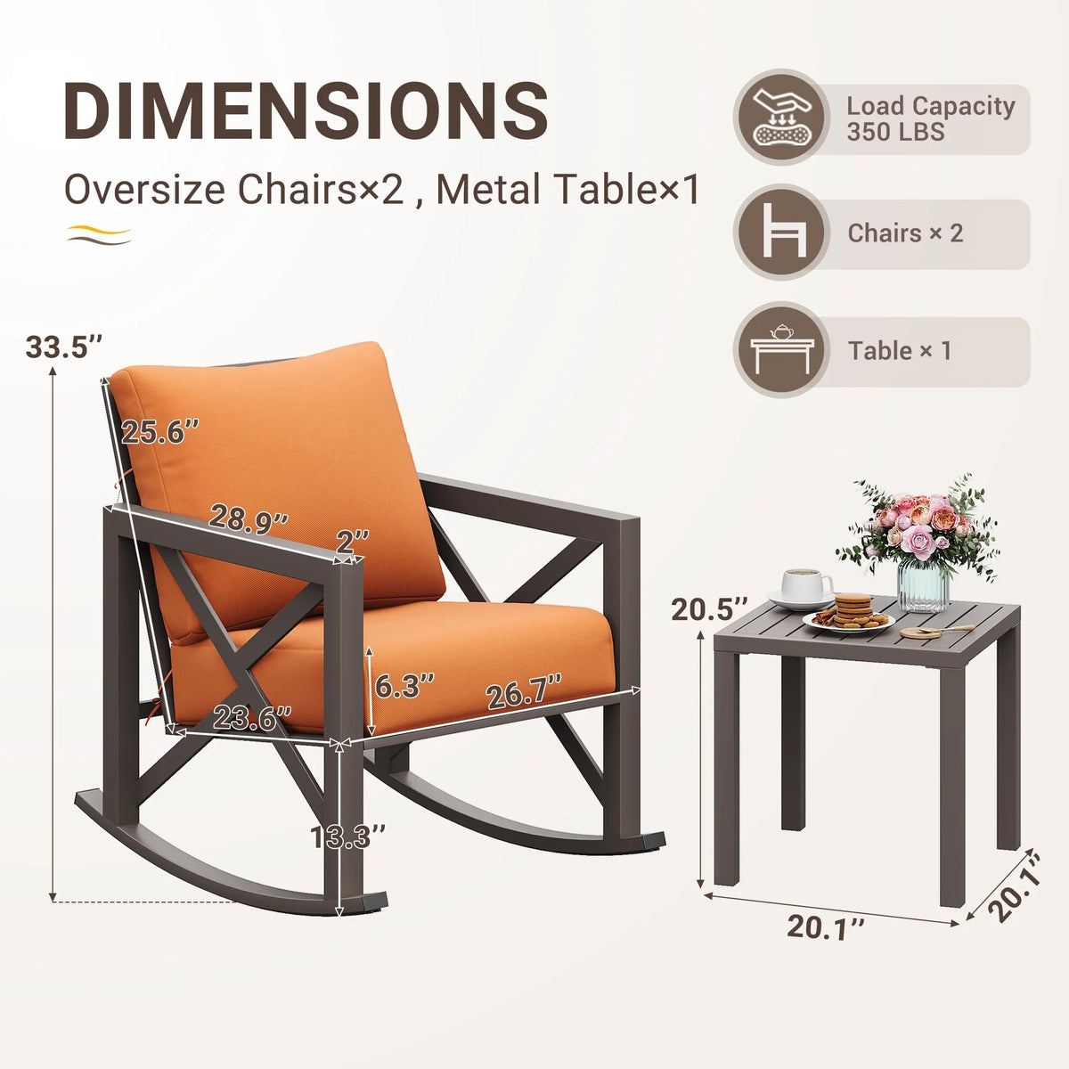 2026 NewMRUAKA Rocking Chair Bistro Set,3 Piece Outdoor Patio Furniture Set with 2 Rockers and 1 Metal Coffee Table with Thick Cushions for Porch,Backyard,Poolside,Beige