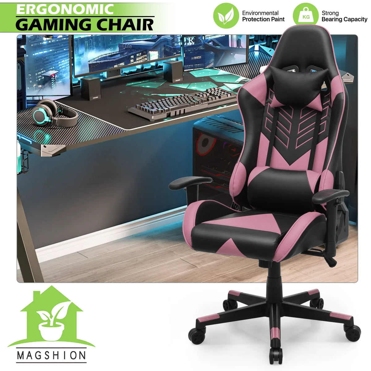 2026 NewMagshion Ergonomic Gaming Chair, Comfortable Gaming Chair, Computer Chair Leather Desk Chair Adjustable Swivel Gaming Office Chair, Blue