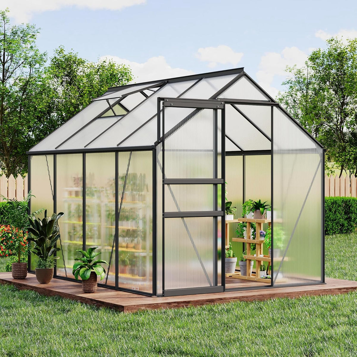 OUYAWEI 6x8FT Outdoor Greenhouse Polycarbonate Aluminum Frame Sliding Door Adjustable Roof Vent Black