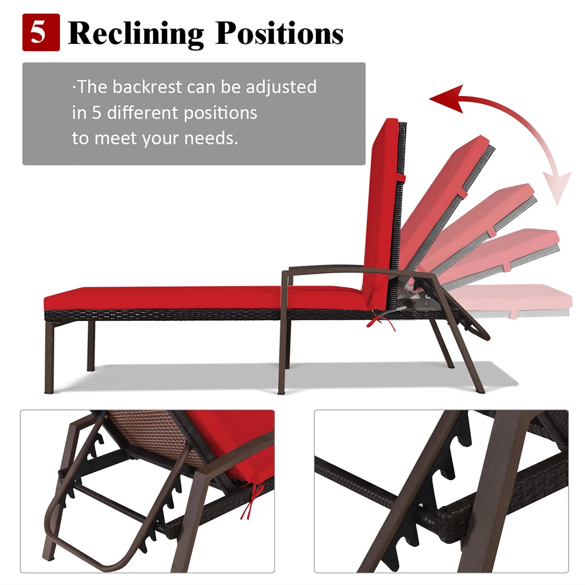 2026 NewCostway 2PCS Patio Rattan Lounge Chair Chaise Recliner Back Adjustable Cushioned Red