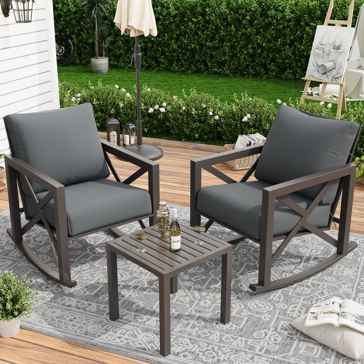 2026 NewMRUAKA Rocking Chair Bistro Set,3 Piece Outdoor Patio Furniture Set with 2 Rockers and 1 Metal Coffee Table with Thick Cushions for Porch,Backyard,Poolside,Beige