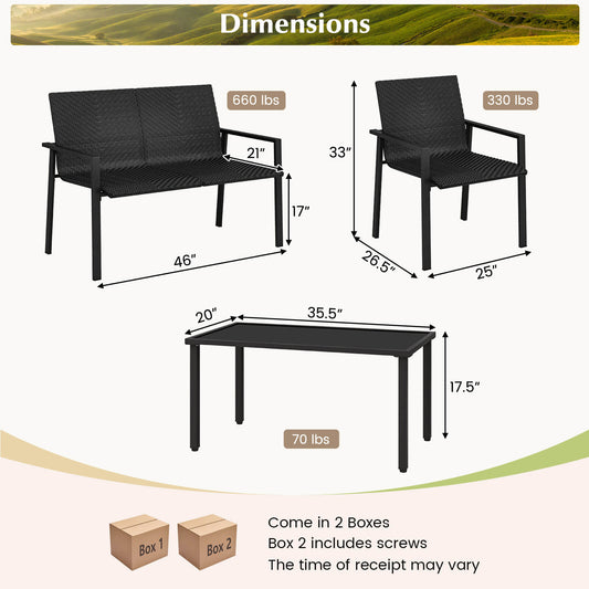 Costway 4 PCS Outdoor Wicker Patio Furniture Set w/ Heavy-Duty Galvanized Metal Frame Black