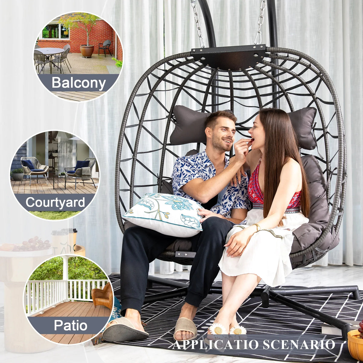 2026 NewRADIATA Double Wicker Egg Swing Chair with Stand, 2-Person Hanging Egg Chair for Indoor/Outdoor, 700lbs Capacity, Thick Cushions & Headrest,Sturdy Metal Frame"Dark Gray