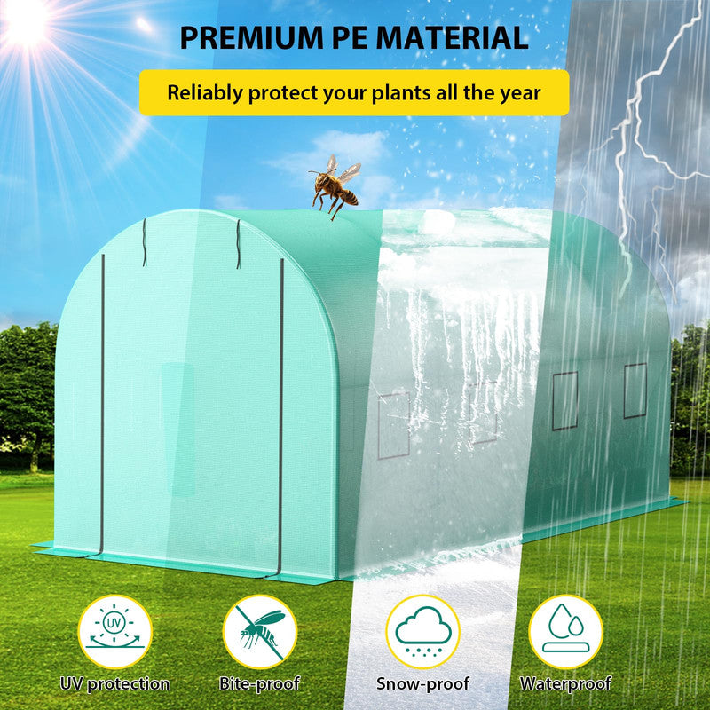 Walk-in Greenhouse with Dual Roll-Up Zipper Doors and 8 Windows, Heavy-Duty Galvanized Steel Frame, Green 140g/m² PE Cover for Outdoor Gardening and Plant Protection