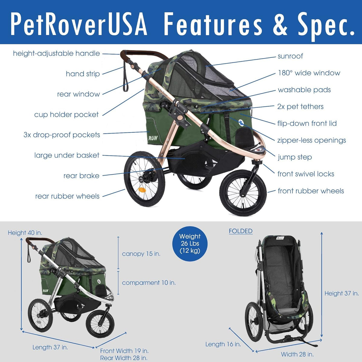 Jogging Sports Stroller with Comfort Rubber Wheels/Zipper-Less Entry/1-Hand Quick Fold/Aluminum Frame for Small/Medium Dogs, Cats and Pets (Green Camo)