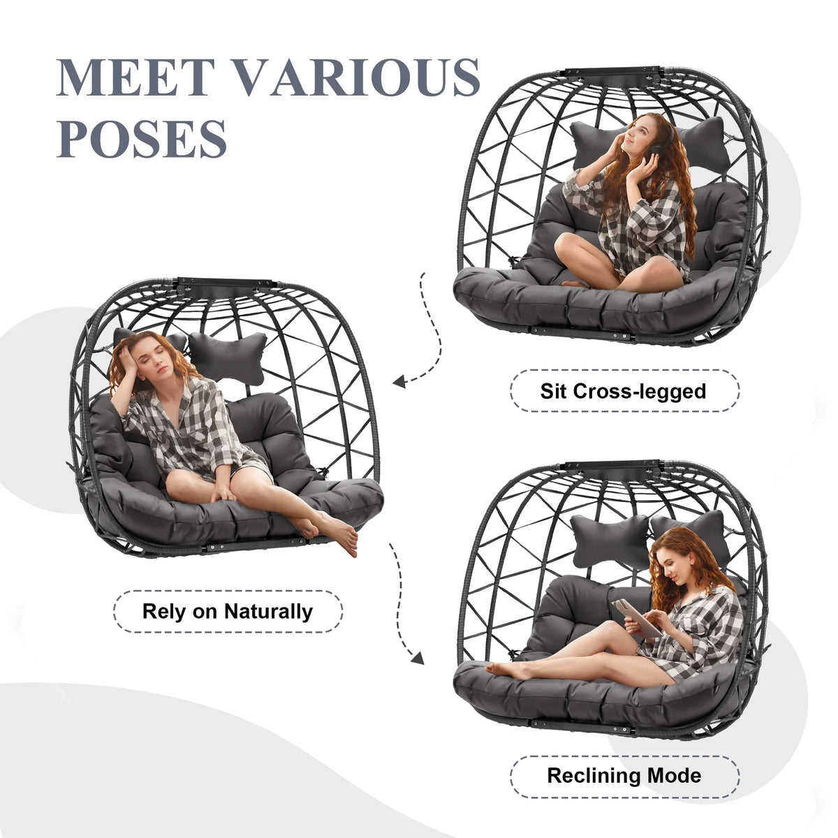 2026 NewRADIATA Double Wicker Egg Swing Chair with Stand, 2-Person Hanging Egg Chair for Indoor/Outdoor, 700lbs Capacity, Thick Cushions & Headrest,Sturdy Metal Frame"Dark Gray