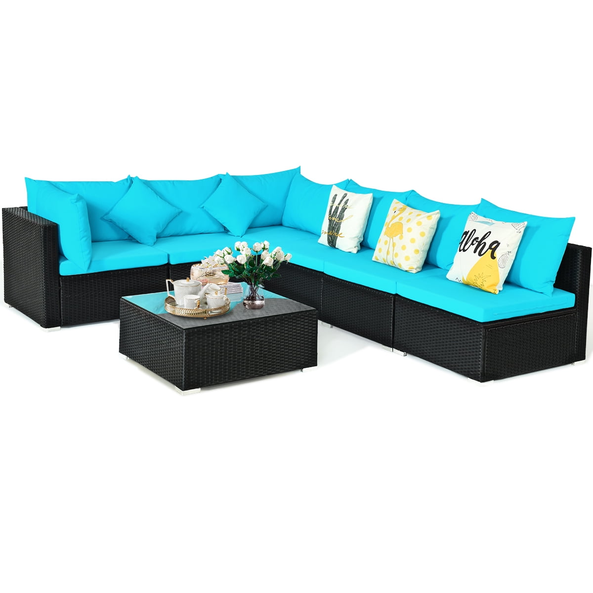Patiojoy 7-Piece Patio PE Rattan Sectional Sofa Furniture Set Wicker Sofa Conversation Set Turquoise