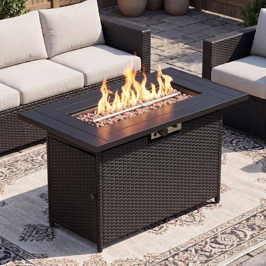 Gymax Propane Fire Pit Table 50000 BTU Wicker Gas Firepit w/ Hidden Tank Storage