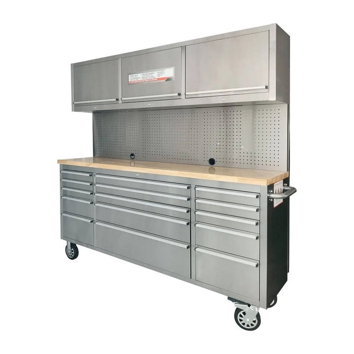 TMG Industrial Stainless Steel Rolling Workbench Cabinet Combo, 72", 15 Lockable Drawers, Wall-Mounted Cabinets, Pegboard, Adjustable Shelving, TMG-WBC72S