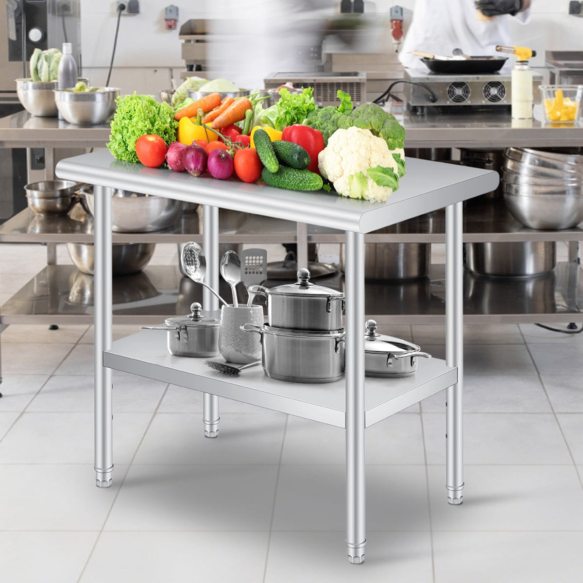 Heavy Duty Stainless Steel Outdoor Kitchen Storage Table –Commercial Prep Work Table with Adjustable Undershelf, Backsplash, Rounded Corners, Rust Resistant, NSF Certified