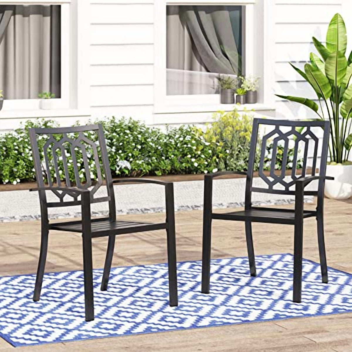 MFSTUDIO Outdoor Chairs Set of 2, Iron Metal Dining 300 LBS Weight Capacity Patio Bistro Chairs with Armrest,Black