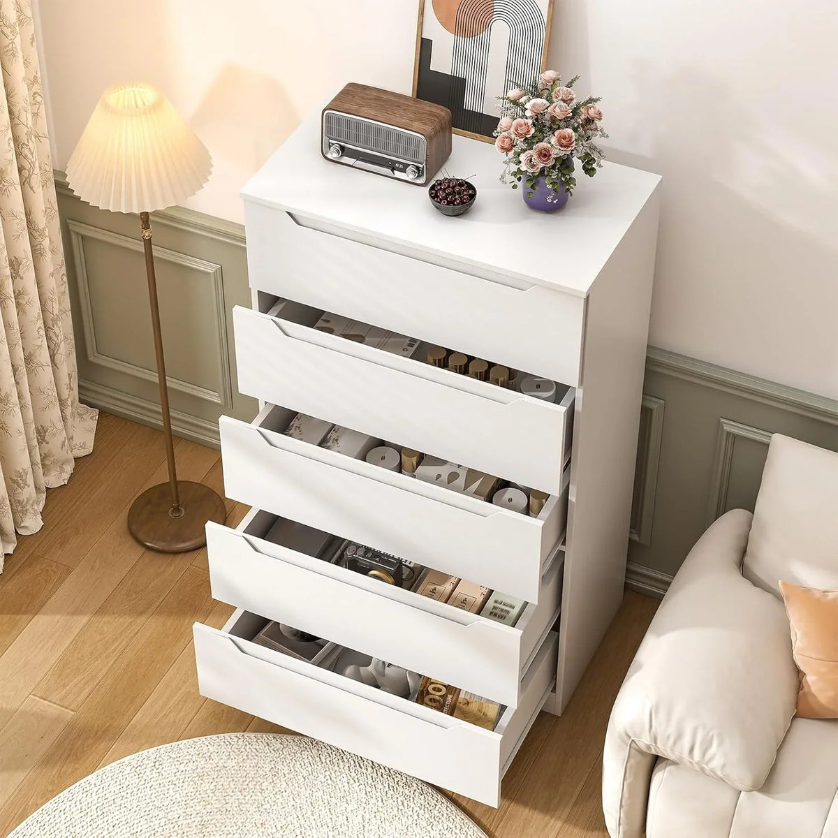 2026 NewWinkalon Vertical 5 Drawer Dresser, Wood Storage Cabinet with Upgraded Stable Base for Bedroom Living Room, Black