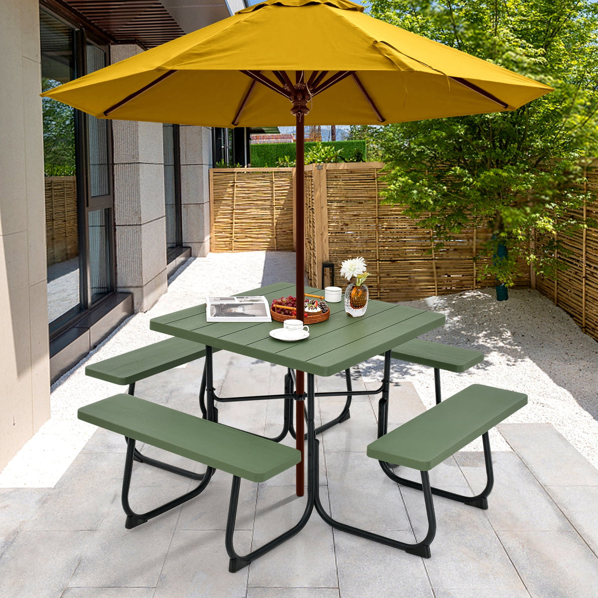 Gymax Outdoor Picnic Table 8-person Square Picnic Table Bench Set w/ 4 Benches & Umbrella Hole Green