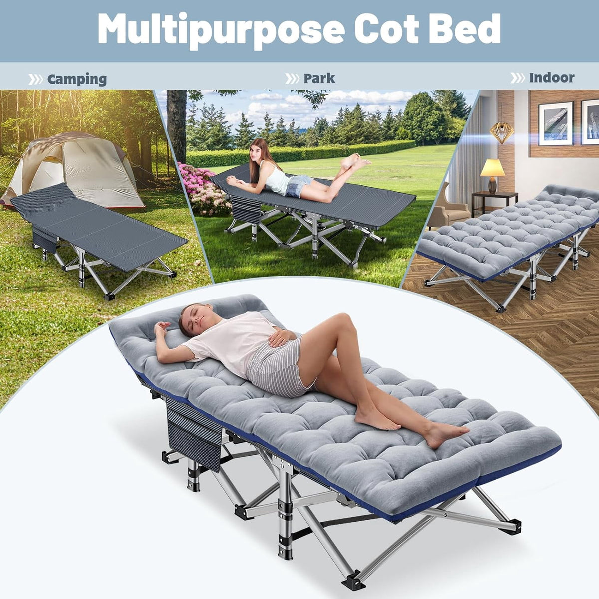 Lilypelle 2PC Folding Camping Cot, Folding Cot Camping Cots for Adults Portable Outdoor Cots with Carry Bags for Outdoor Travel Camp Beach Vacation