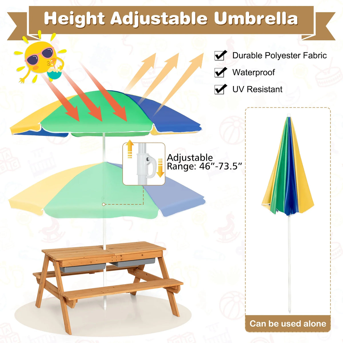 2026 NewCostway 3-in-1 Kids Picnic Table Wooden Outdoor Sand & Water Table with Umbrella Play Boxes Green