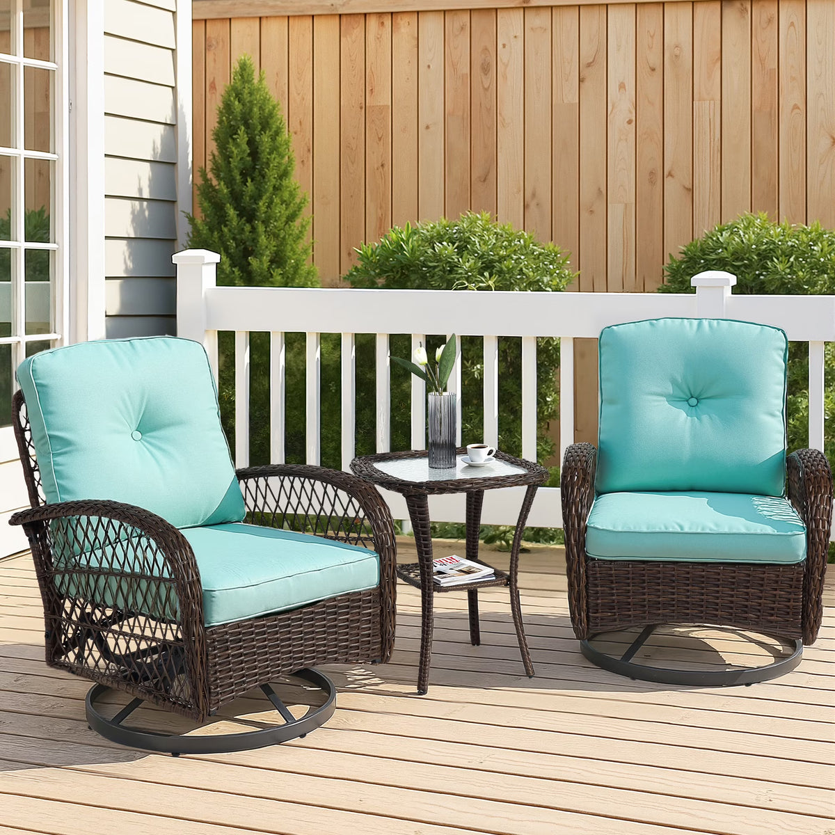 2026 New3 Piece Patio Swivel Rocker Chairs Set, 2 360-Degree Swivel Rocking Chairs with 1 Glass Top Table, PE Rattan Outdoor Bistro Set with Cushions for Balcony Deck Poolside Backyard Porch