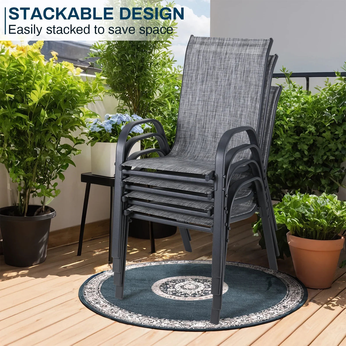 2026 NewPirecart Set of 4 Patio Dining Chairs, Textilene Outdoor Stacking Chairs for Poolside, Backyard, Garden