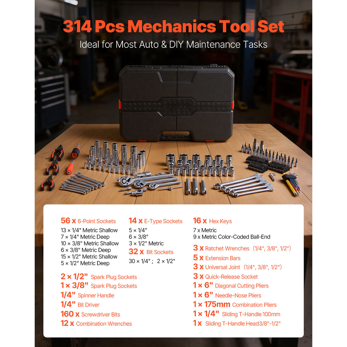 KFFKFF Mechanics Tool Set, 314-Piece Mechanic Tool Kit, 1/4 in, 3/8 in, and 1/2 in Drive, Metric Socket Set, Wrenches, Screwdriver Bits, Accessories, and Storage Case