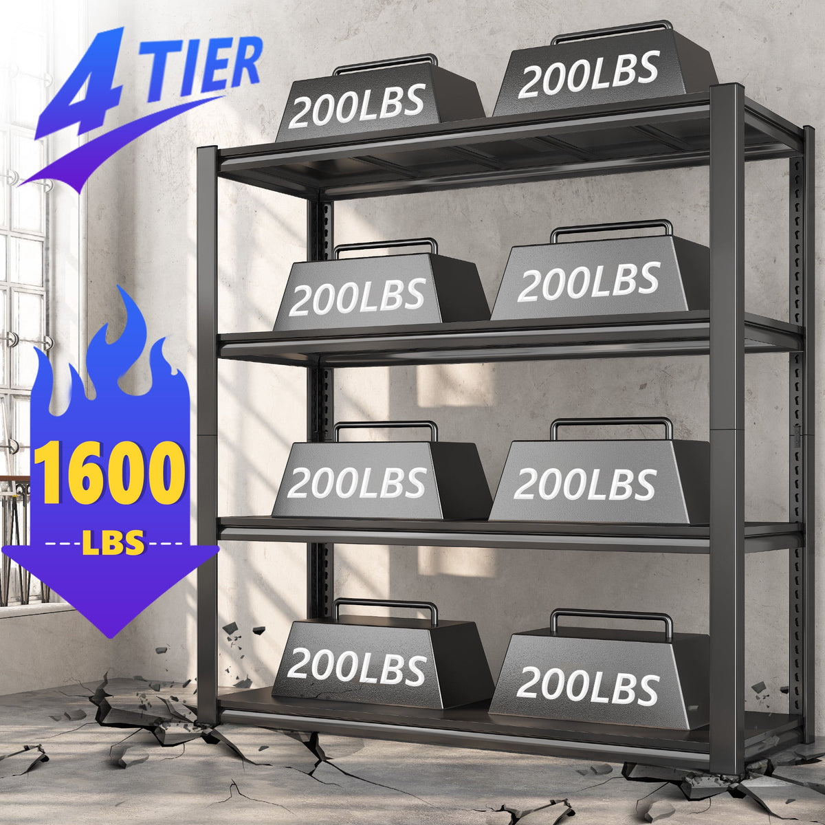 Exenoray 4-Tier Metal Shelving Unit for Garage, 1600lbs Capacity, Heavy Duty Adjustable Storage Rack for Tools, 19"D x 40"W x 57"H Black
