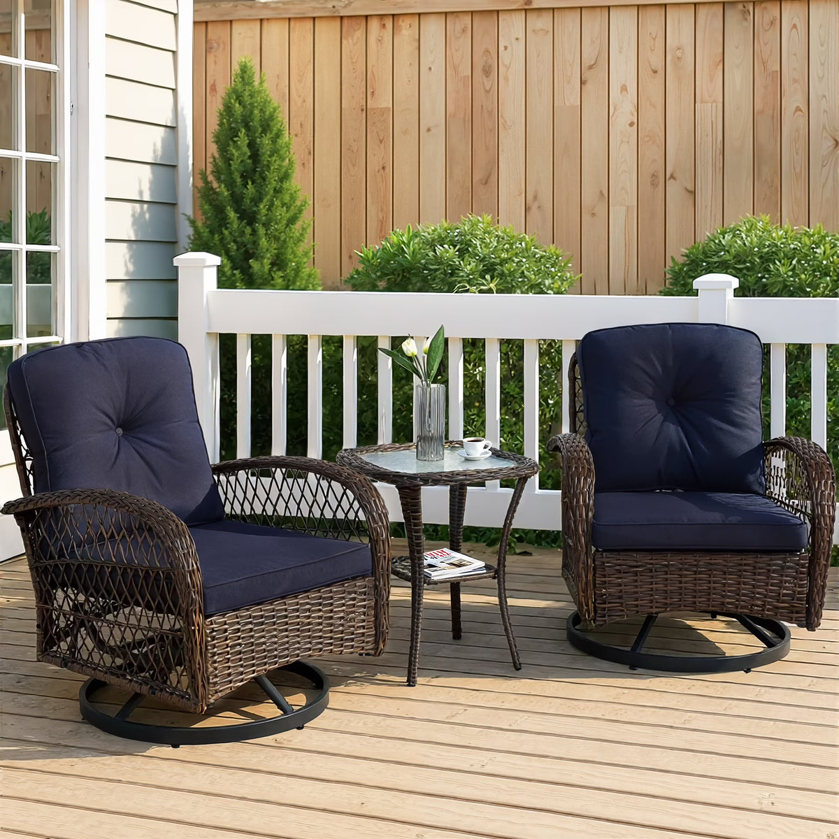 2026 New3 Piece Patio Swivel Rocker Chairs Set, 2 360-Degree Swivel Rocking Chairs with 1 Glass Top Table, PE Rattan Outdoor Bistro Set with Cushions for Balcony Deck Poolside Backyard Porch