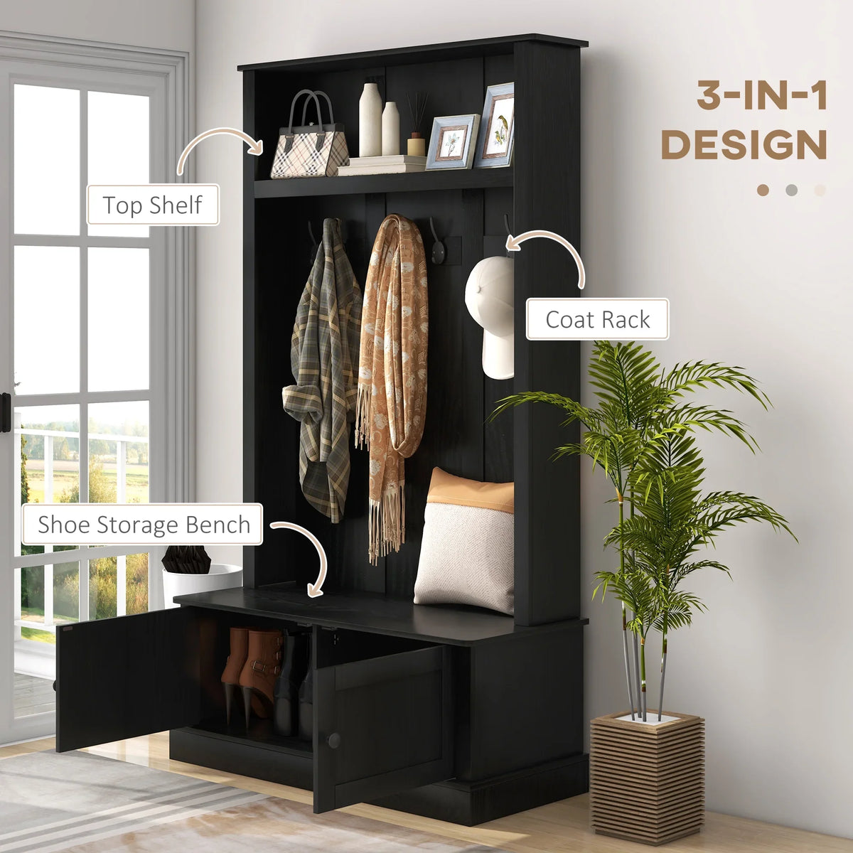 2026 NewHOMCOM Hall Tree, Entryway Bench w/ Coat Rack, Shoe Cabinet, Black