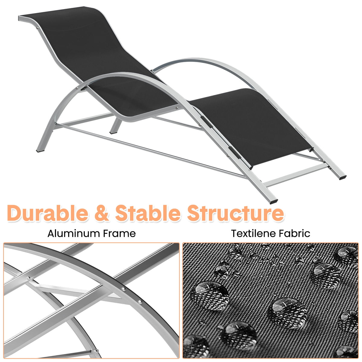 3-Piece Outdoor Chaise Lounge Chair Set – Reclining Patio Loungers with Aluminum Table & Armrests – Weather-Resistant, Modern Tanning Chairs for Poolside, Garden, Beach, Modern Black