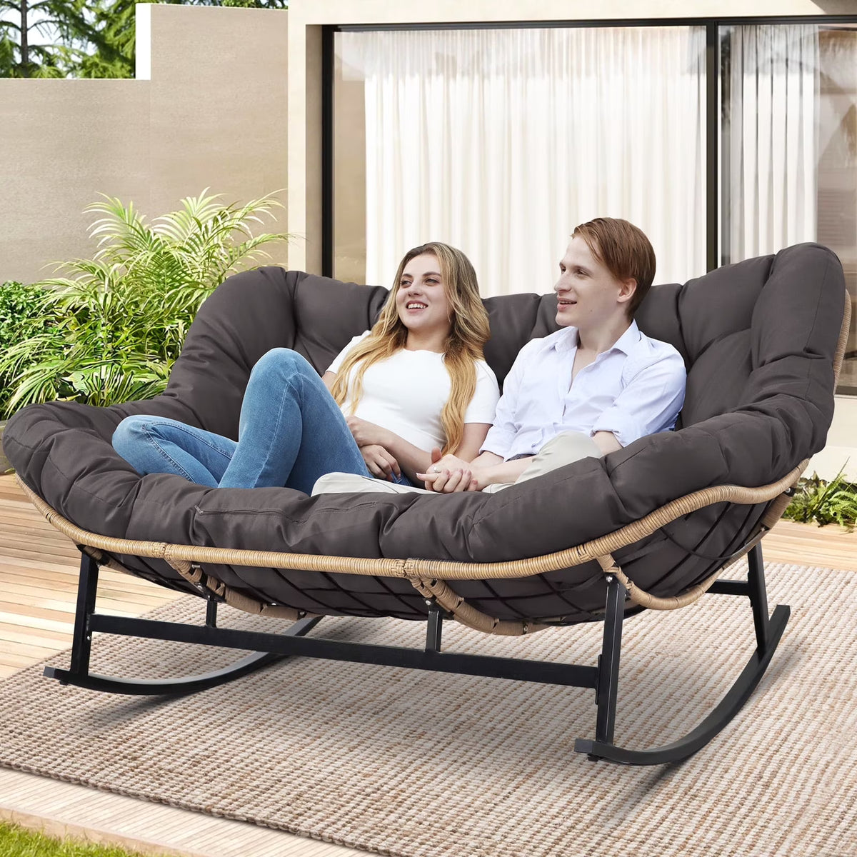 2026 NewRADIATA Beige Double Outdoor Rocking Chair, 2 Person Patio Rocking Egg Chair with Thick Cushion