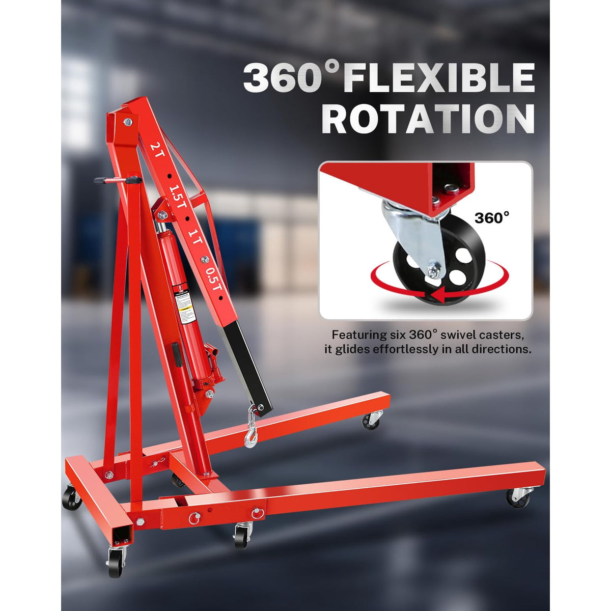 2-Ton Folding Hydraulic Shop Crane w/6 Steel Casters – Portable Engine Hoist for Cars, Tractors, Boats | 4-Height Adjustable Boom, Rust-Proof (4400LB Capacity)