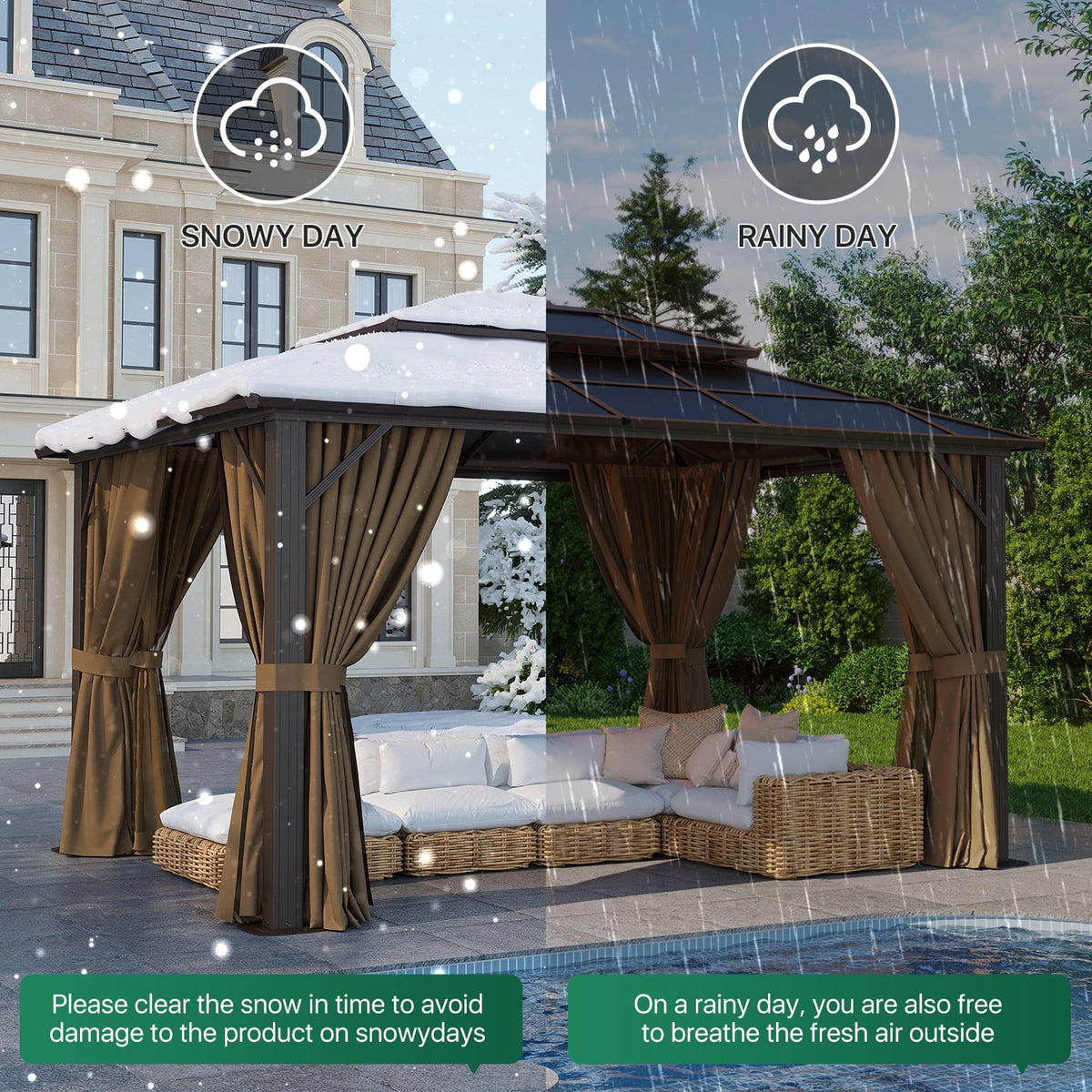 Clouddwell 10'x12' Hardtop Gazebo - Polycarbonate Double Roof with Netting & Curtains for Patio, Garden Sun Protection,Brown