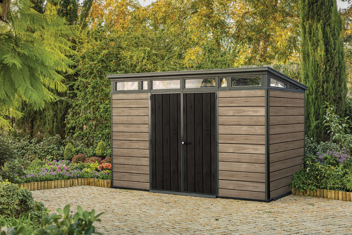 2026 NewKeter Signature 11x7 ft. Durable Resin Outdoor Storage Shed With Heavy Duty Floor and Locking Door, Walnut